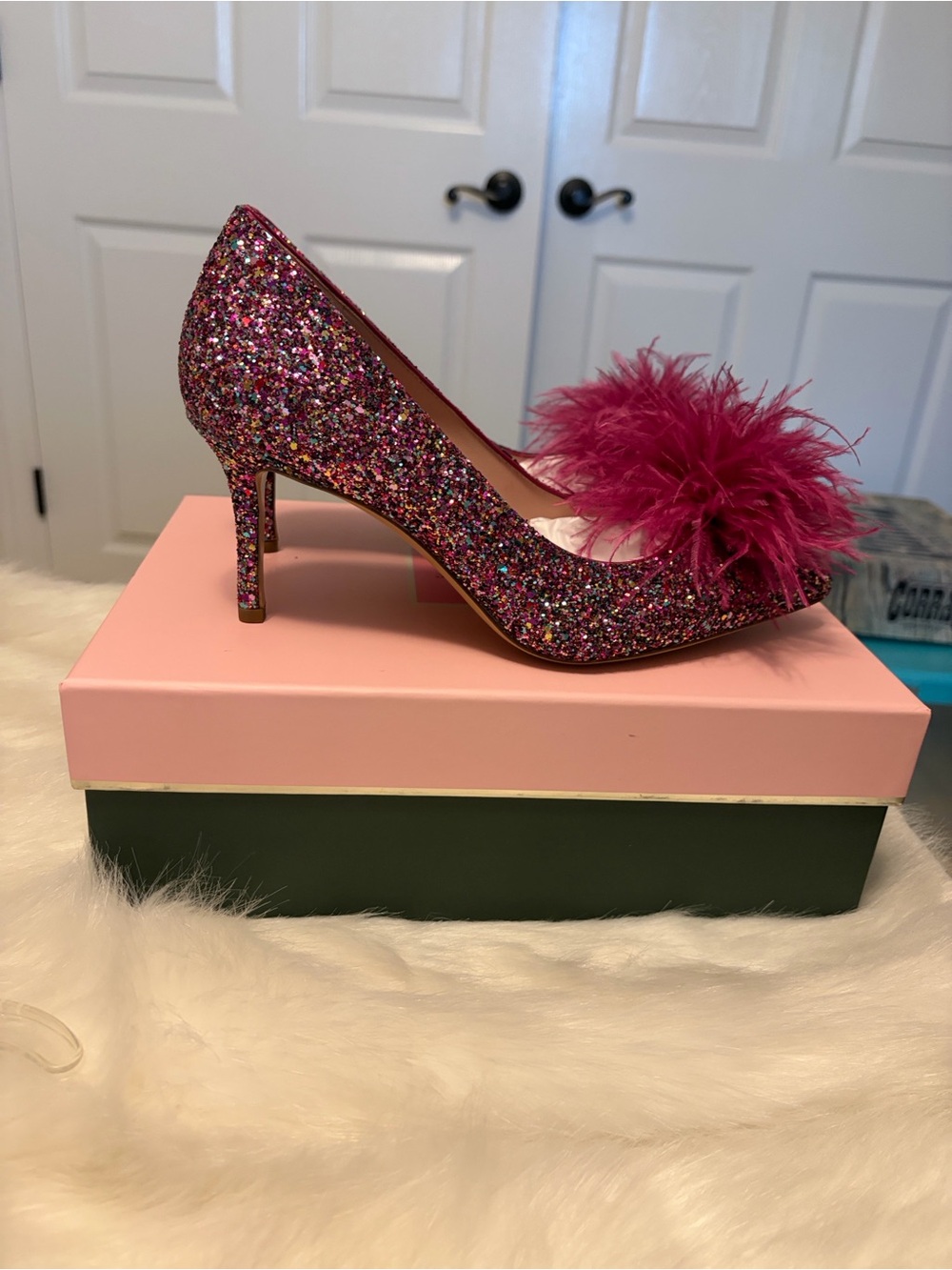 kate spade Multicolor Glitter Heels with Fuchsia Marabou Pom